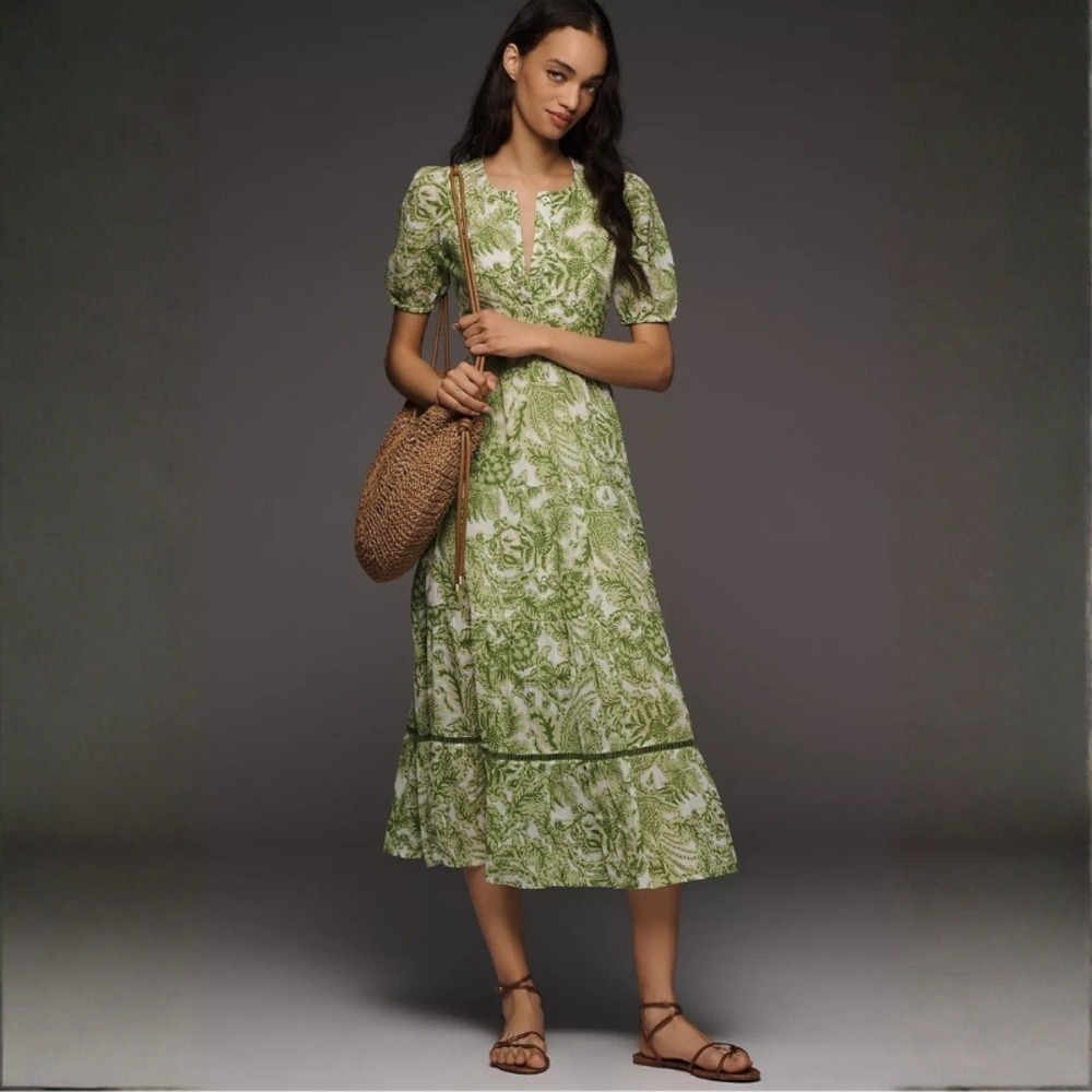 Ro's Garden Daphne Midi Dress 100% Cotton Green Botanical Print Anthropologie L